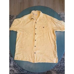 Enro Soie Silk Mens Large Yellow Jacquard Short Sleeve Button Up Camp Shirt L